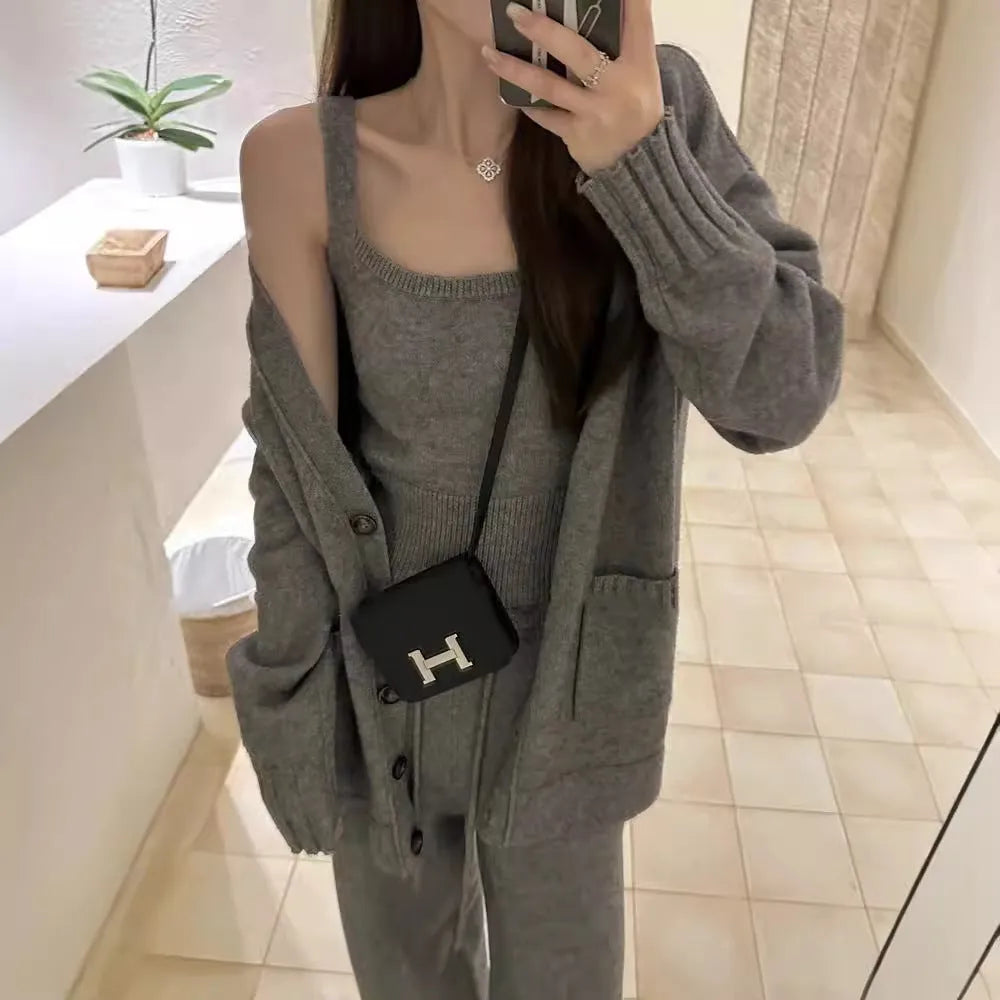 Women's light brown knit cardigan, vest, and suspender pants three-piece casual set