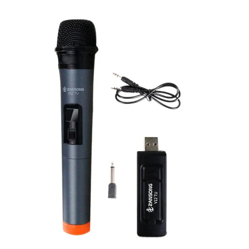 Black V12 dynamic wireless handheld microphone with USB receiver, audio cable and adapter