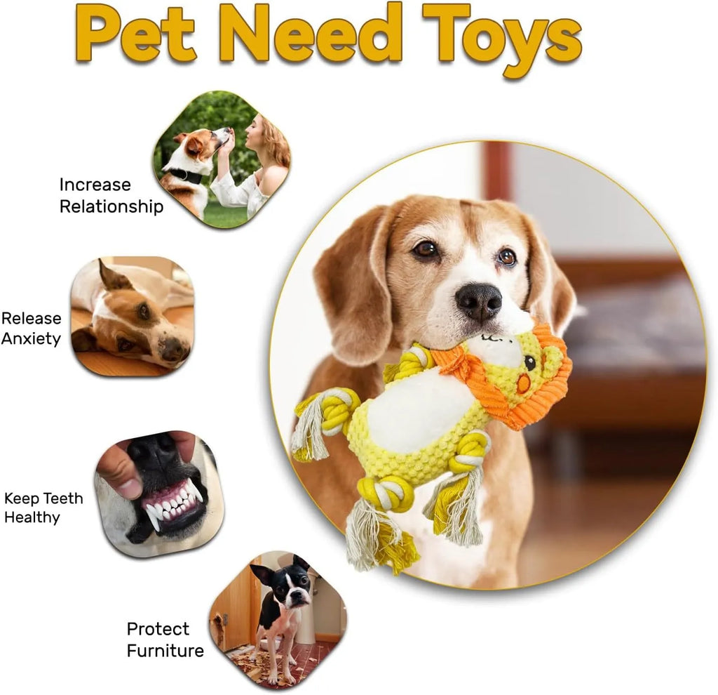 Lion and monkey plush squeaky dog toys for medium large breeds showing size comparison