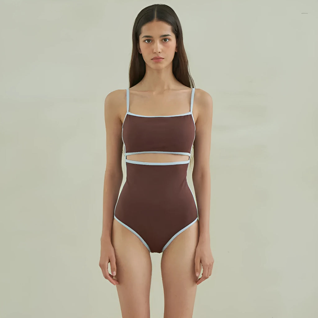 Brown women's one-piece swimsuit with triangle bust style on a mannequin.