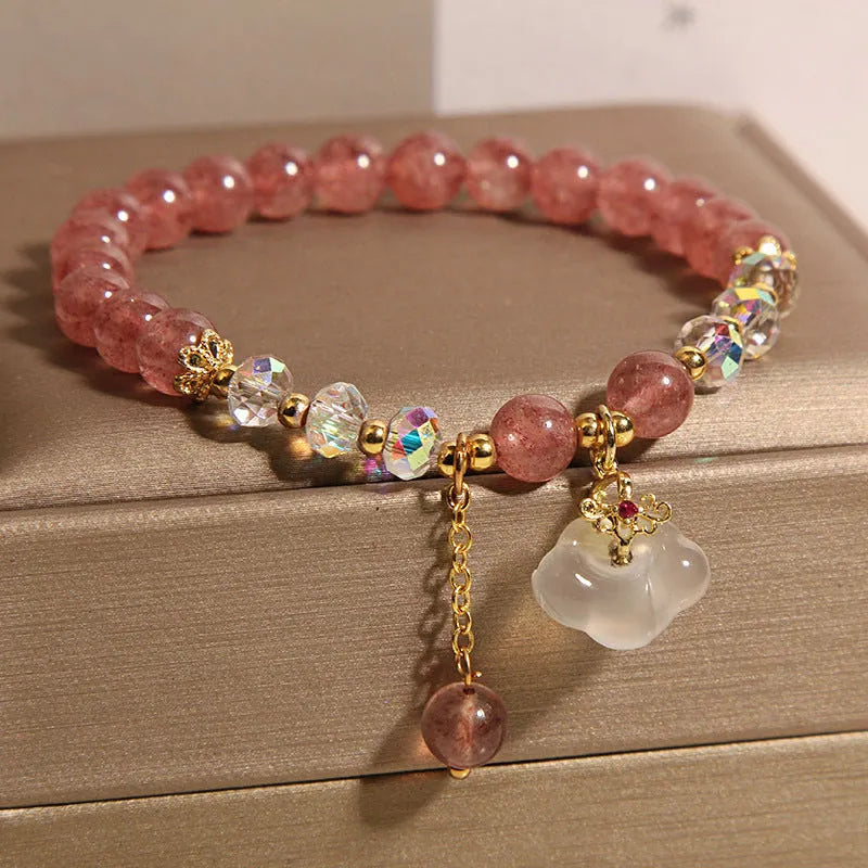 Women's natural crystal bracelet with strawberry quartz and white agate beads, auspicious clouds design, 40 grams weight