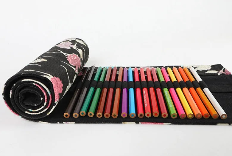 Ballet girl print canvas pencil case curtain rolled up showing multiple pencil holes for organised storage