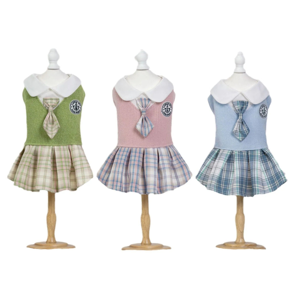 Pink tartan princess skirt for a small dog on a mannequin.