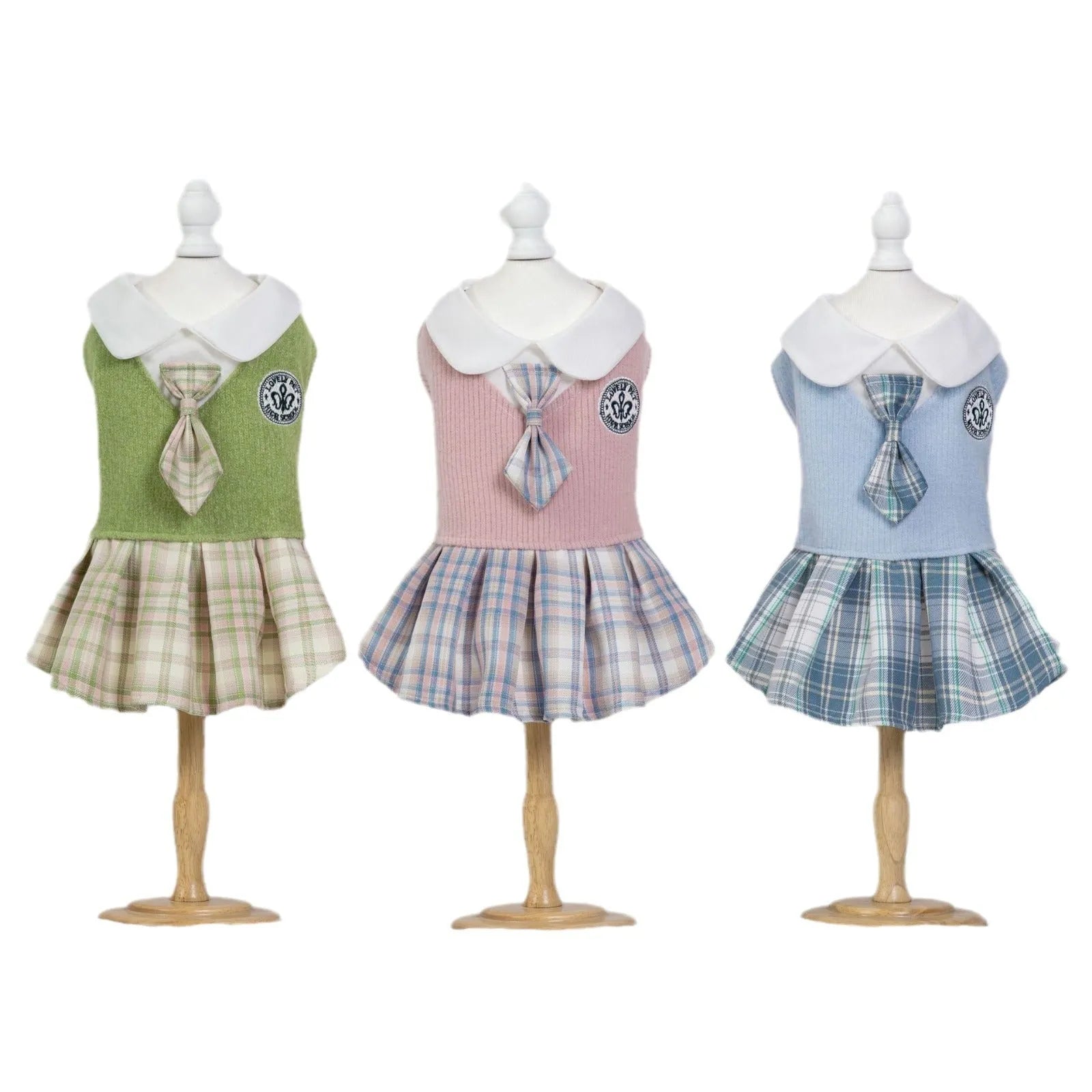 Pink tartan princess skirt for a small dog on a mannequin.