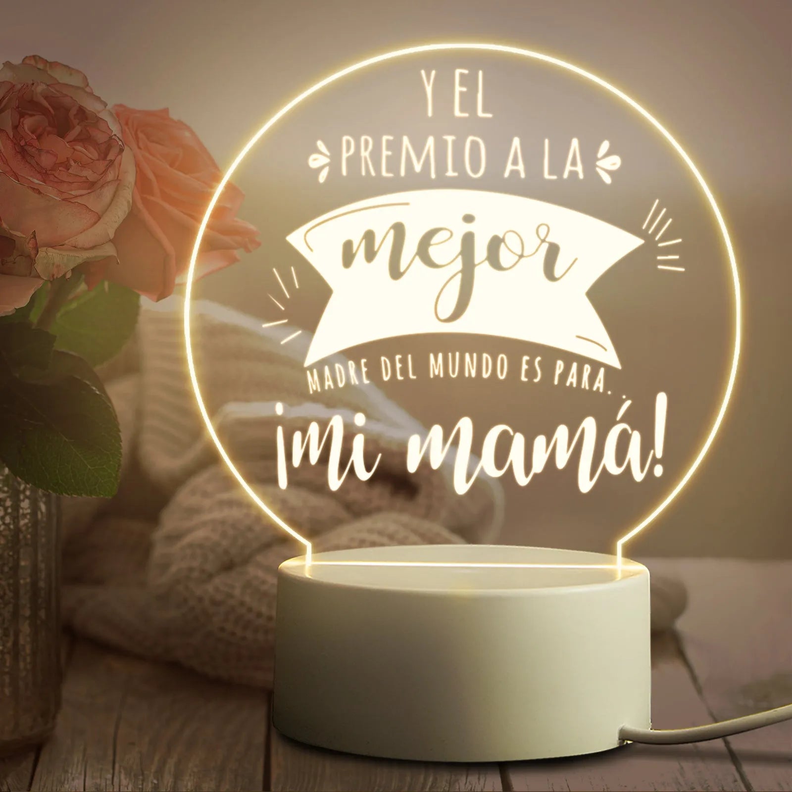 Acrylic LED night light with warm light on white base, USB powered, modern minimalist bedside decoration