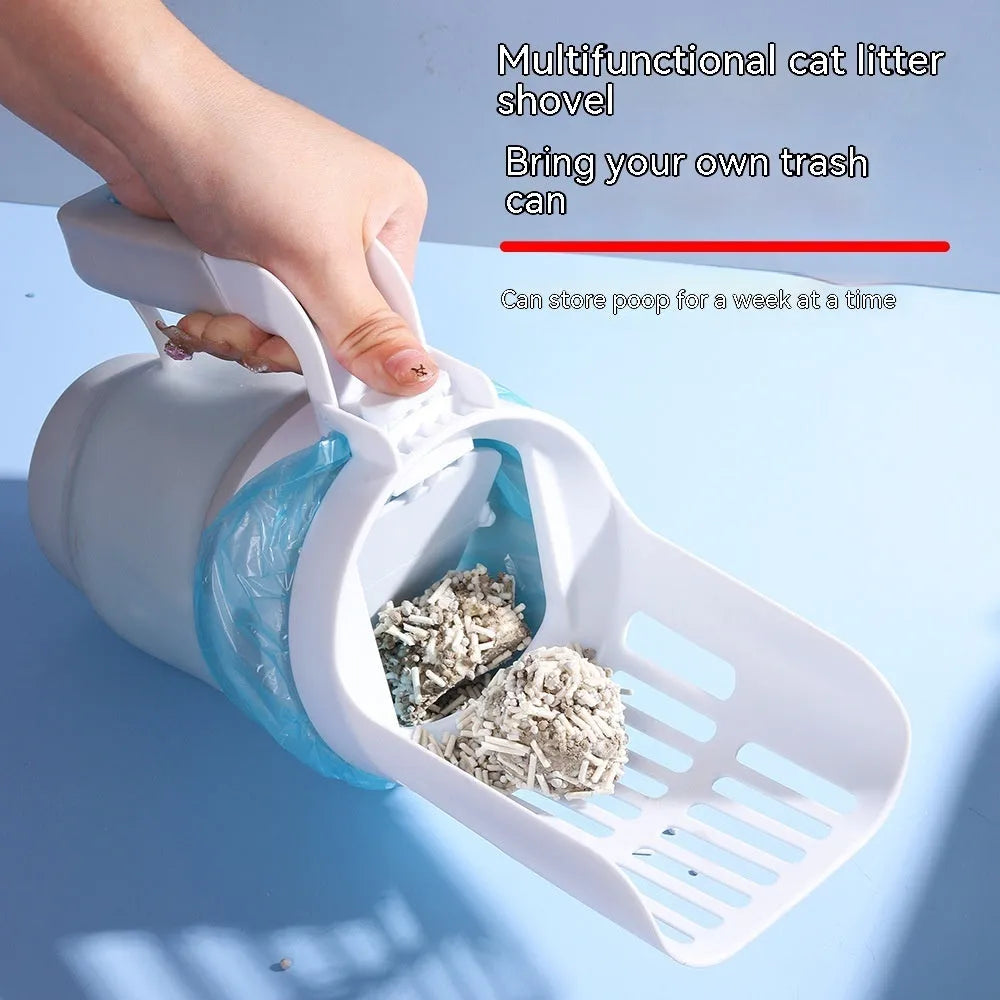 Grey cat litter scoop with attached waste bin and foldable bottom