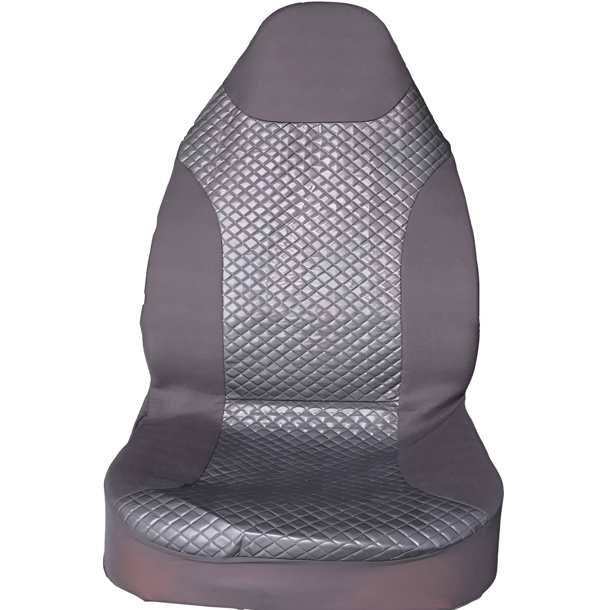 Black quilted automotive seat cover with plastic hook fasteners