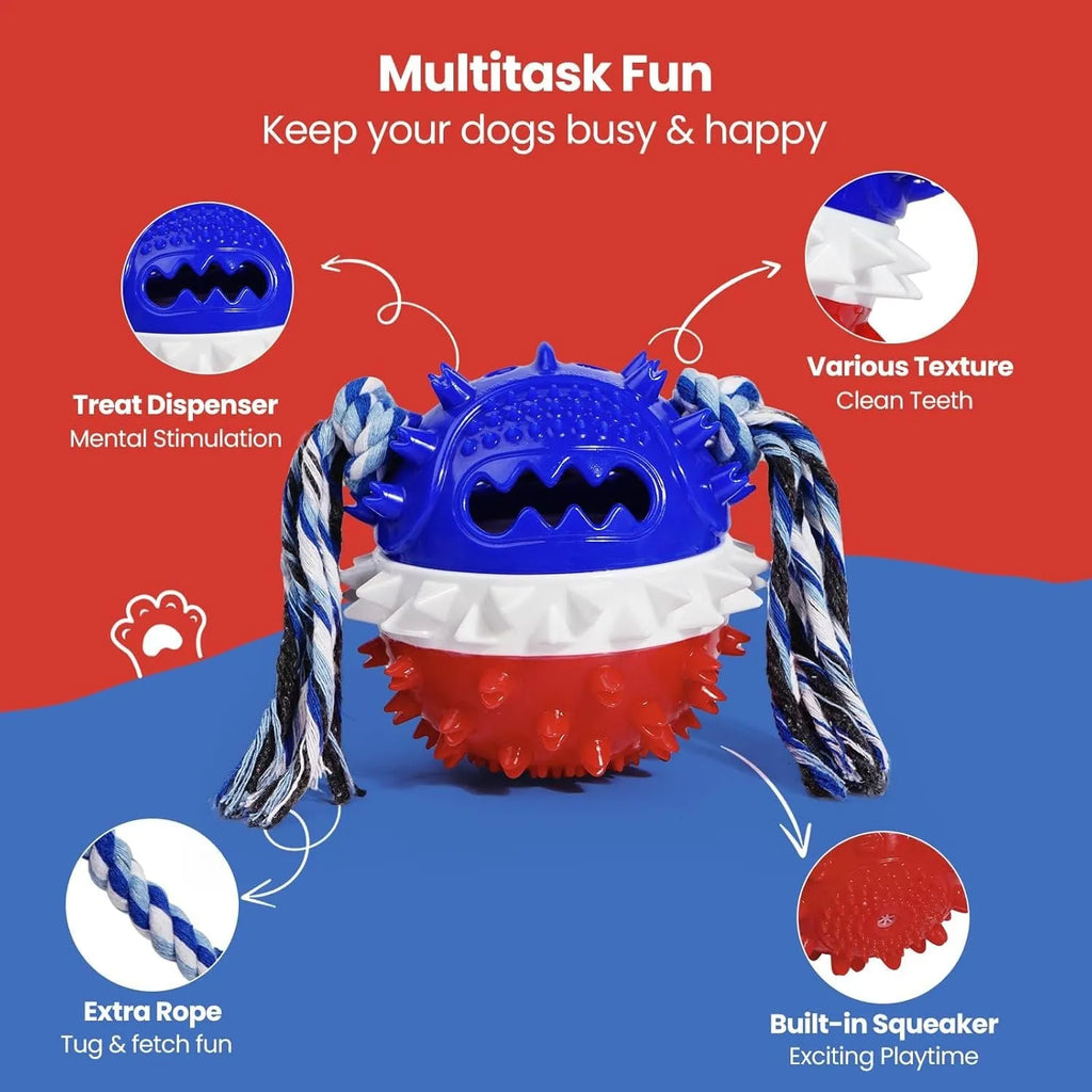 Blue and red squeaky dog toy with treat dispenser hole for aggressive chewers.