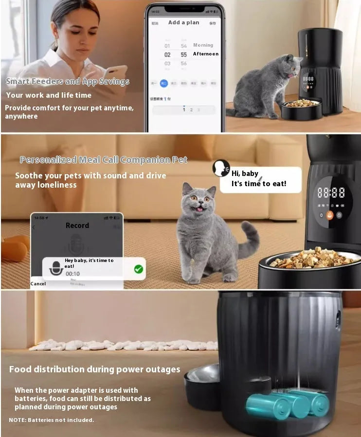 Automatic pet feeder with remote control for timed quantitative feeding in black or white colour