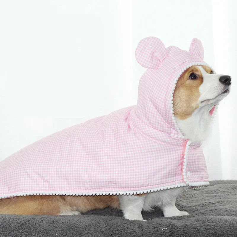 Cute plaid cotton dog cloak quilt with pink grid pattern on a small dog