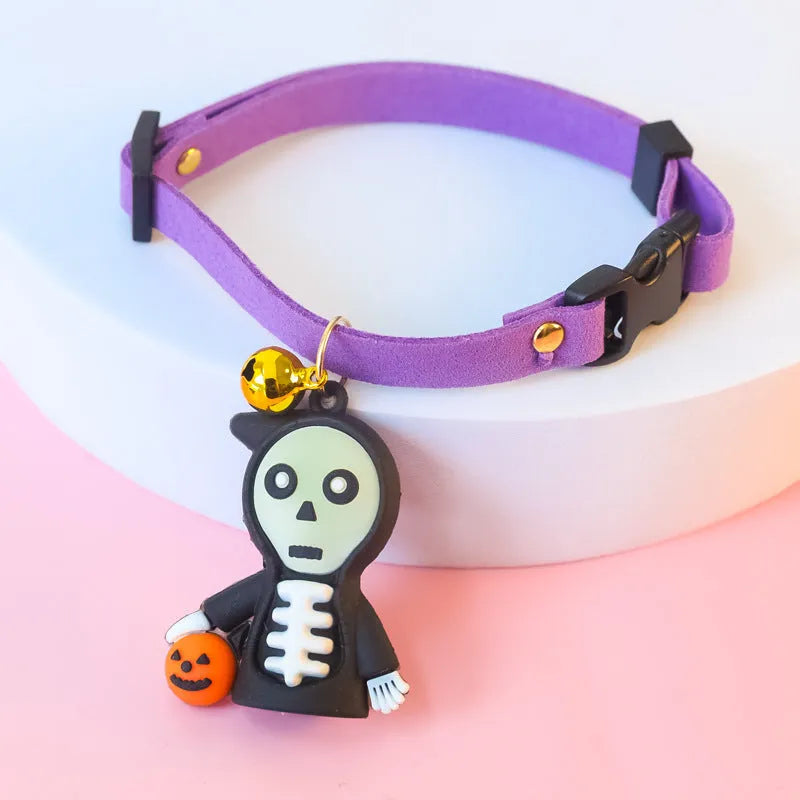 Halloween dog collar decoration with glow designs in pumpkin, brat, and skull patterns