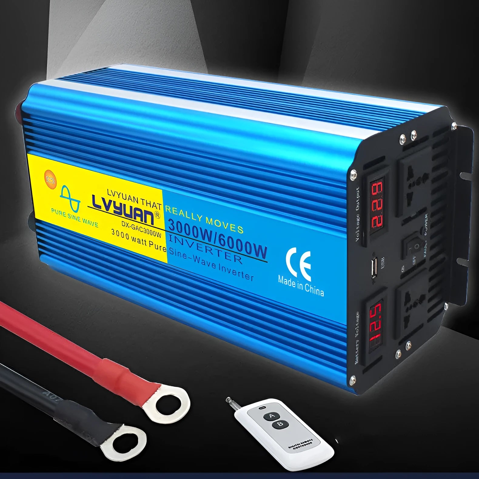 Blue 3000W pure sine wave car power inverter with digital display and remote control