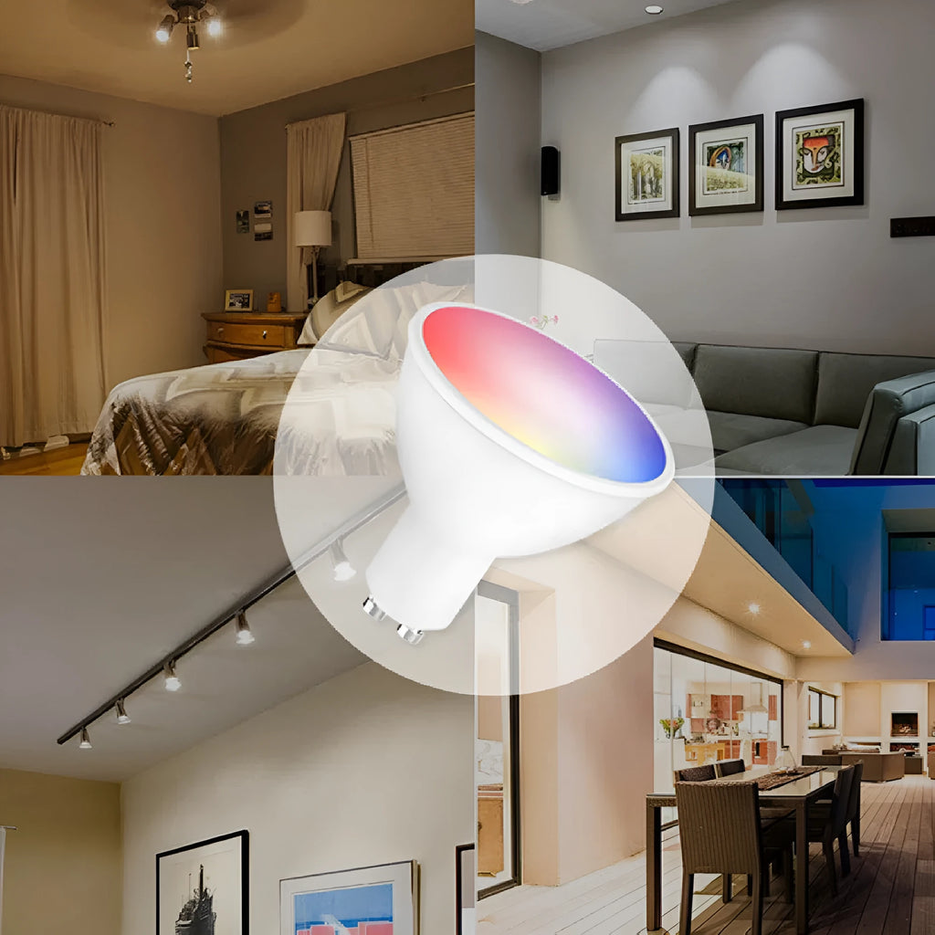 GU10 smart spotlight bulb with RGBCCT lighting and voice control features