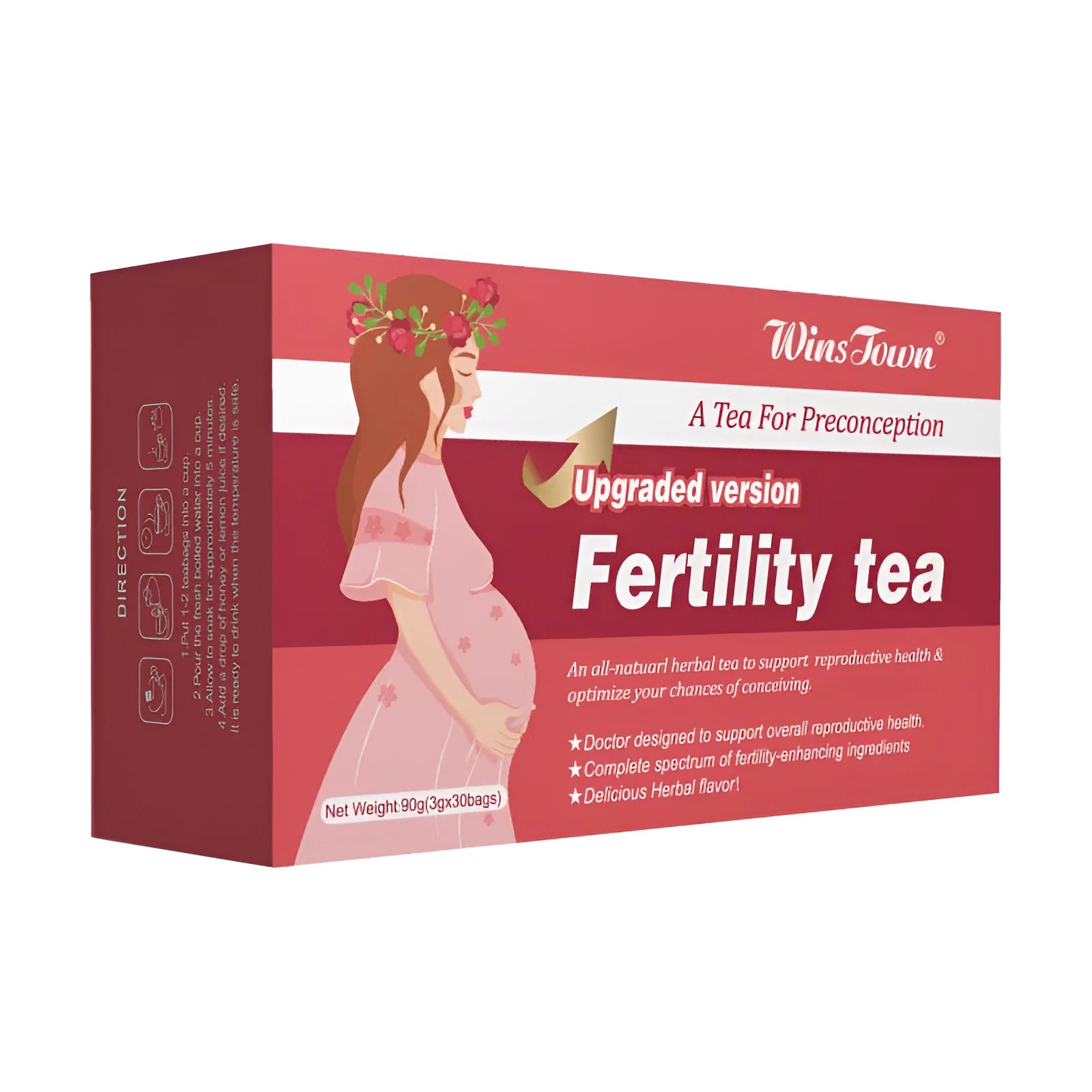 Box of Fertility Tea showing three packs of 30 herbal tea bags each for daily brew wellness supplement