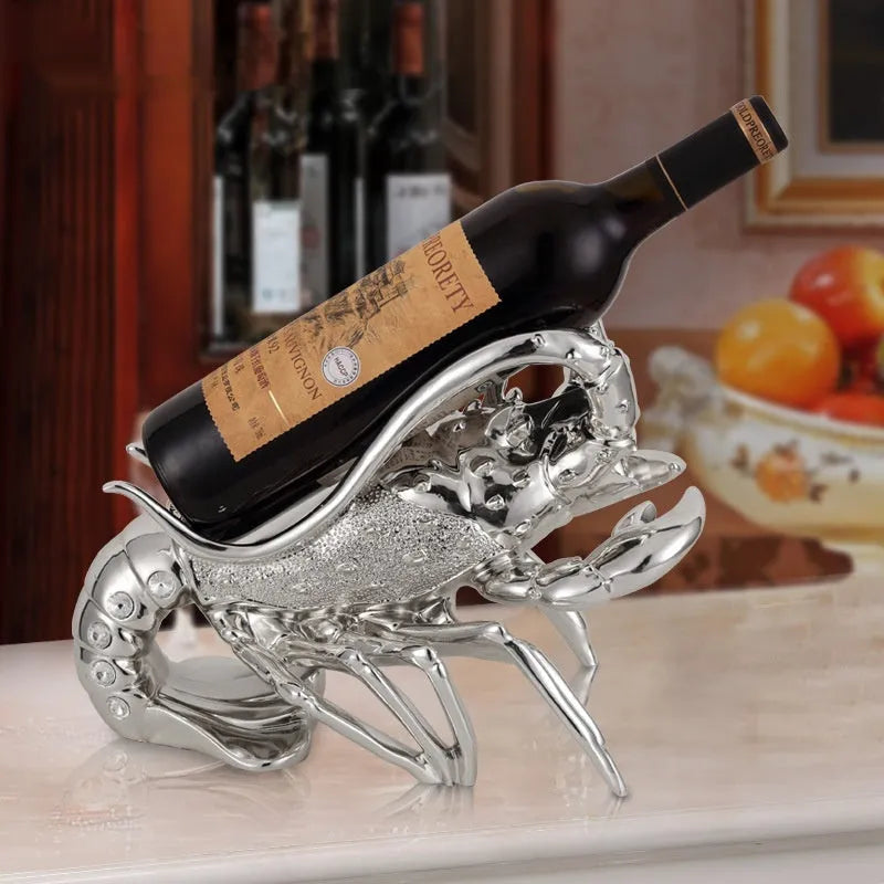 Lobster-shaped decorative wine rack ornament in rose gold or silver resin for home bar display