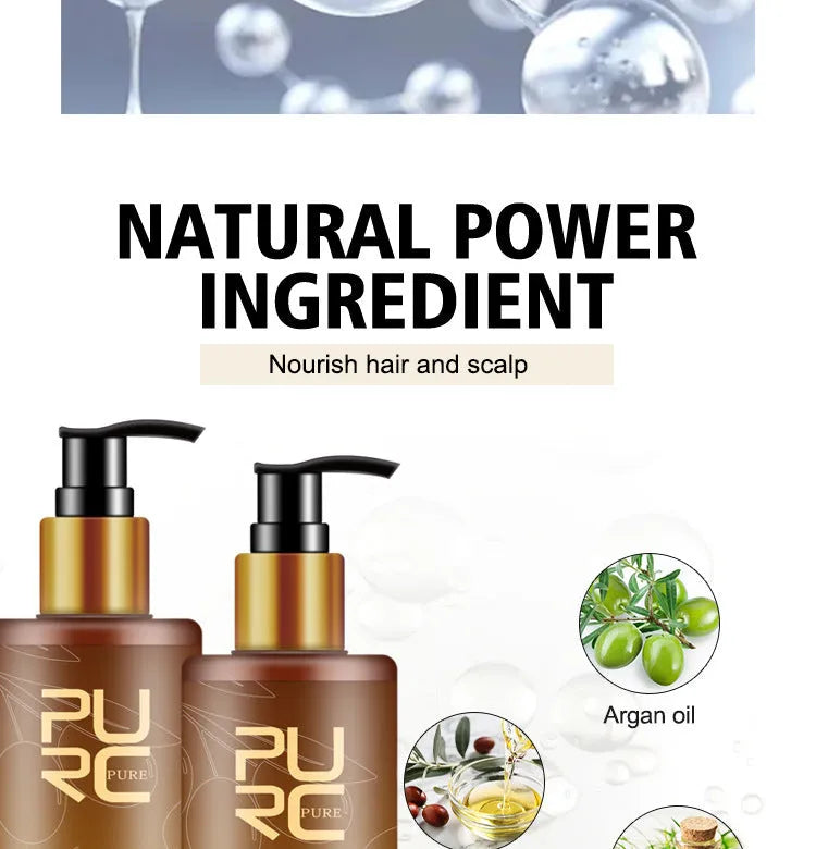 PURC Hair Care Ginger Biotin three-piece set with shampoo, conditioner and biotin essential oil on white background