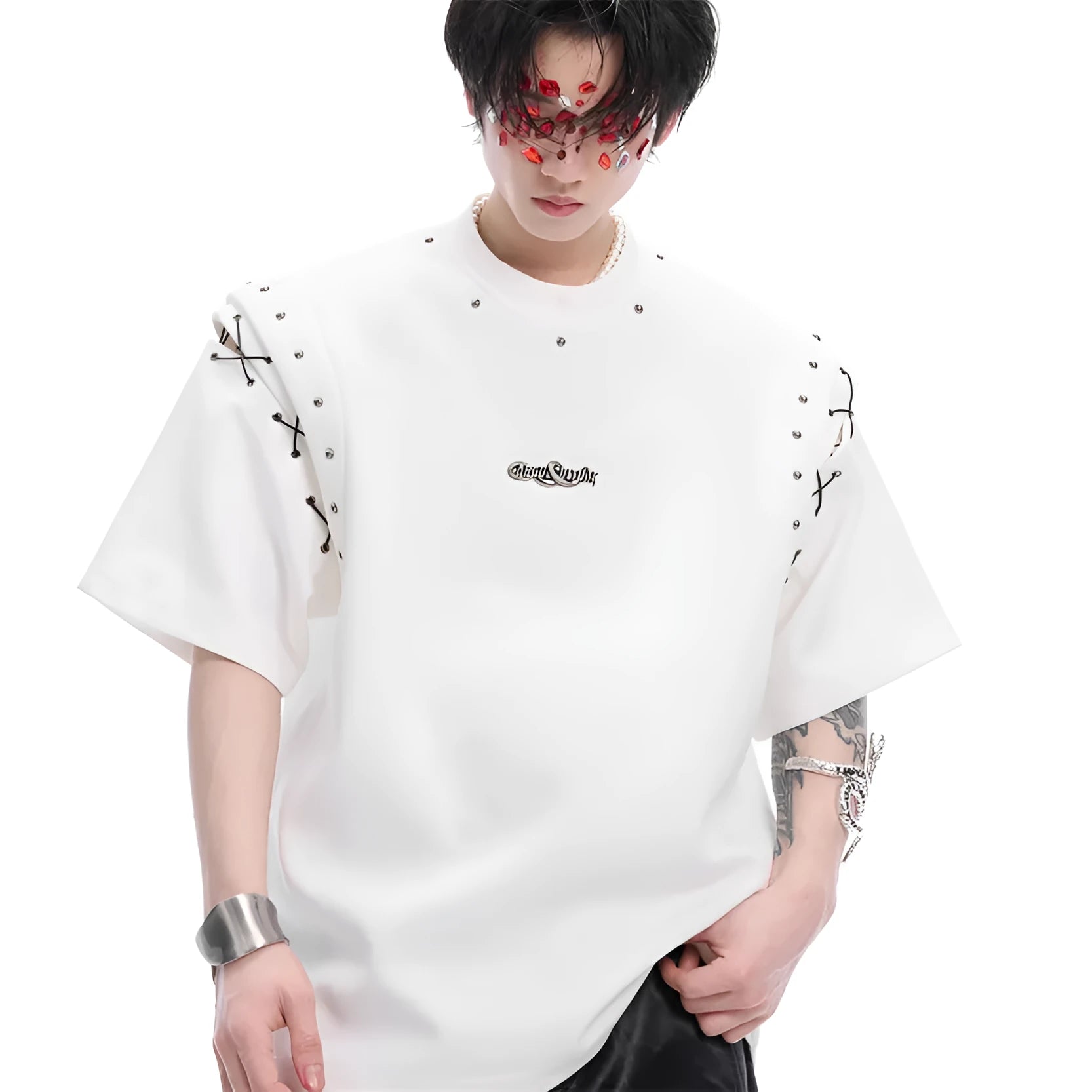 Women's lace-up cutout short sleeve T-shirt in black cotton-polyester blend