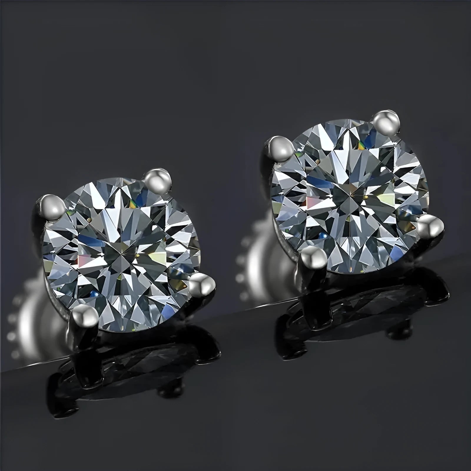 Geometric screw-back moissanite stud earrings with four-claw setting on silver, 7mm width