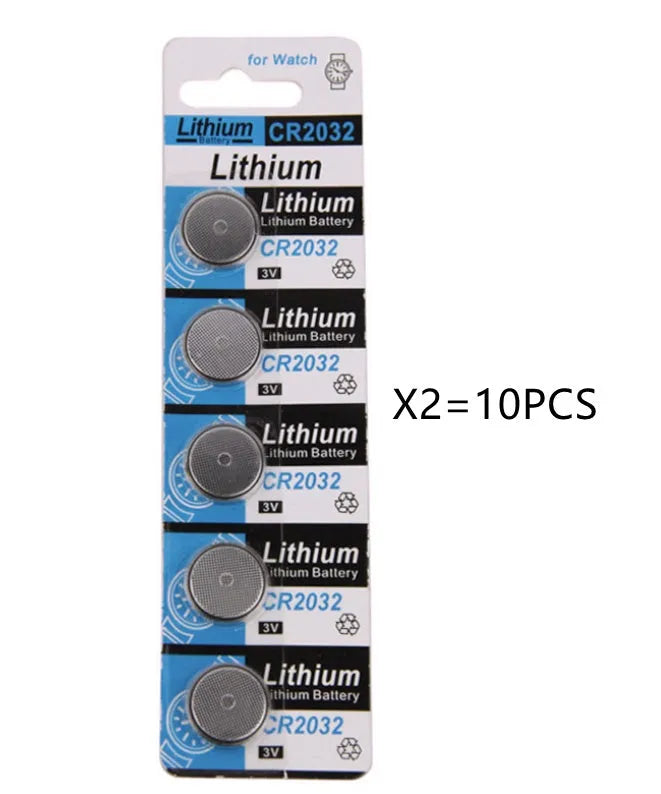 CR2032 lithium button battery pack for scales and remote controls, showing 5 capsules on a card.