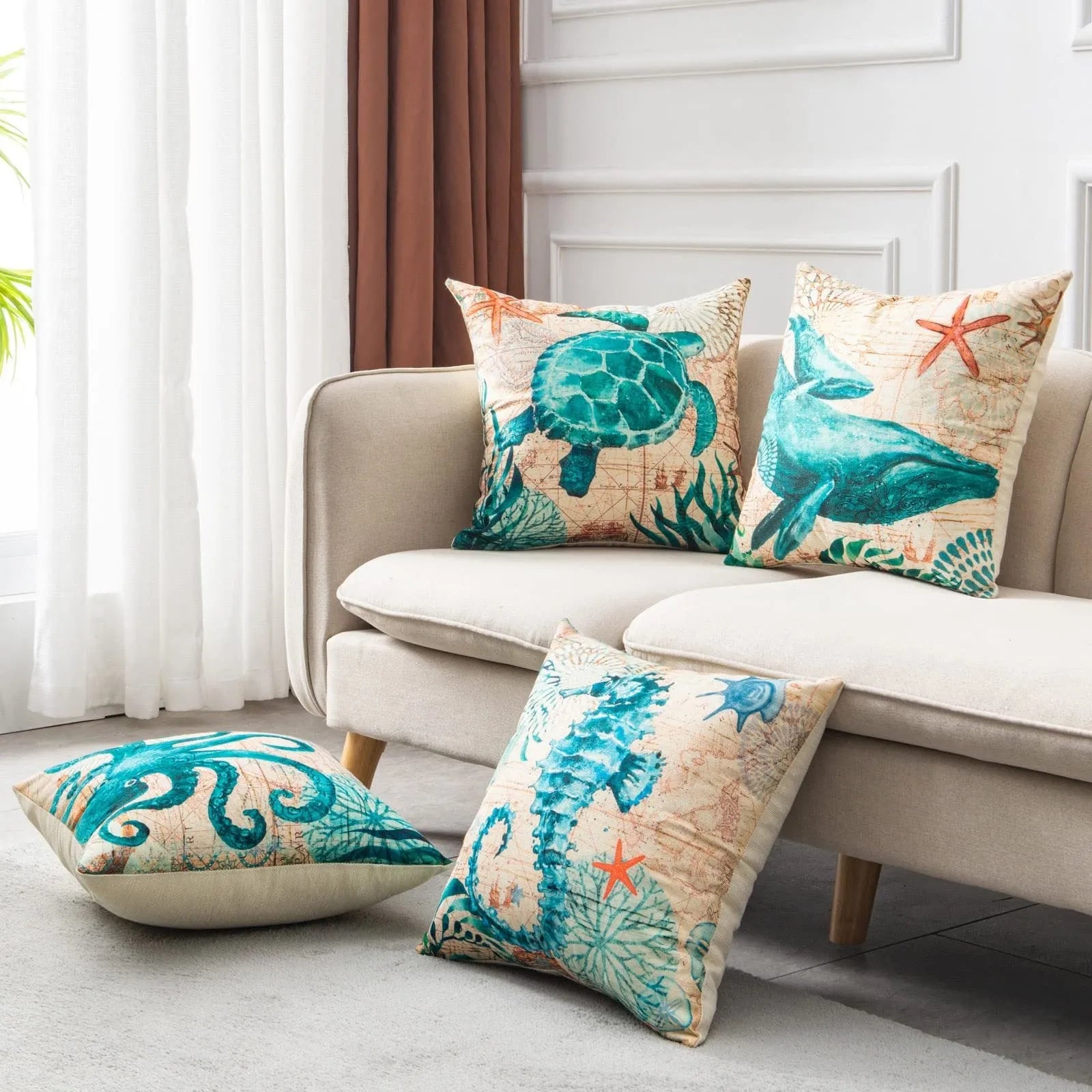 Sea turtle printed linen cushion cover 45x45cm with invisible zipper on sofa