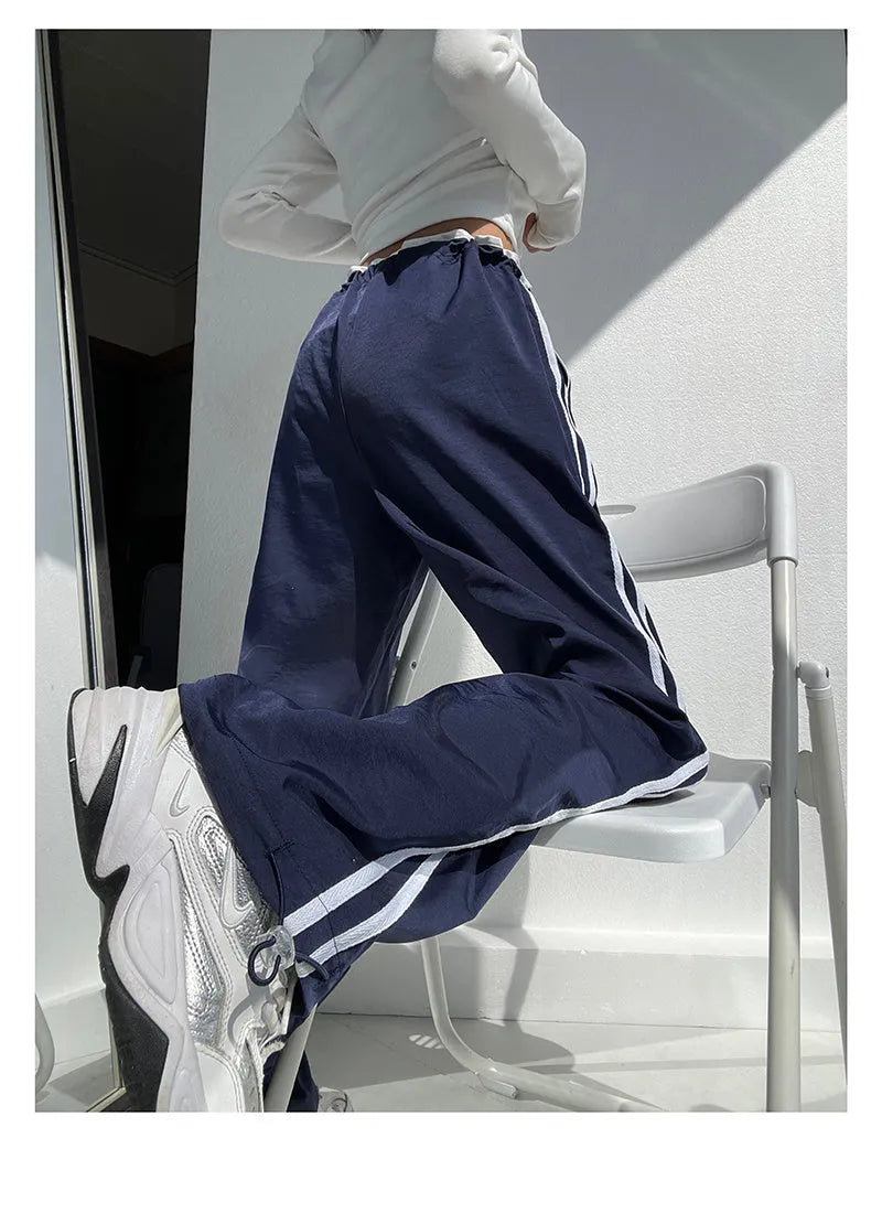 Women's loose straight draping pants with ribbon contrast colour design in European style