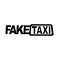 Waterproof FAKE TAXI car warning sticker in yellow, 20 cm by 8 cm, on a car window.