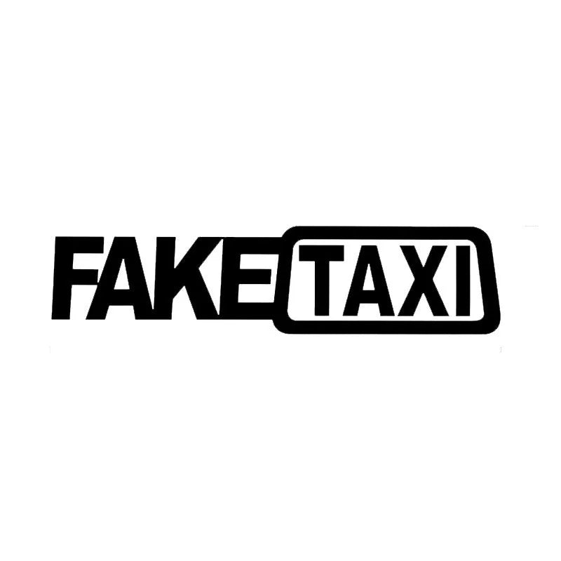 Waterproof FAKE TAXI car warning sticker in yellow, 20 cm by 8 cm, on a car window.