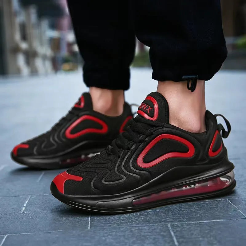 Men's black casual air cushion sneakers with thick sole and lace-up front.