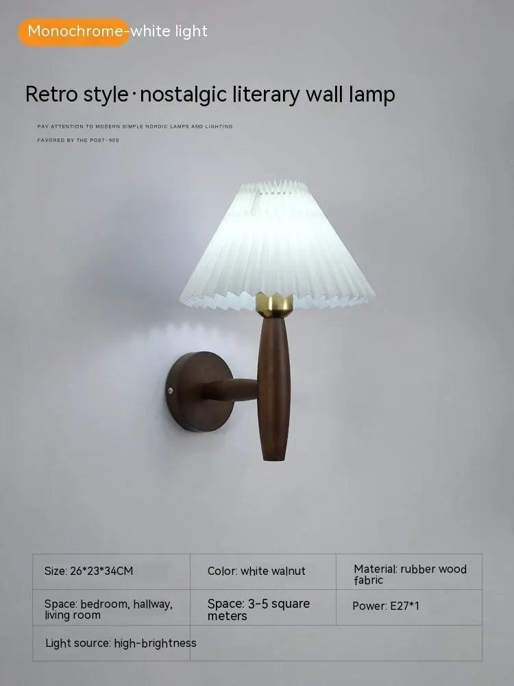 American retro wall lamp with walnut wood finish and fabric lampshade in tri-colour lighting option