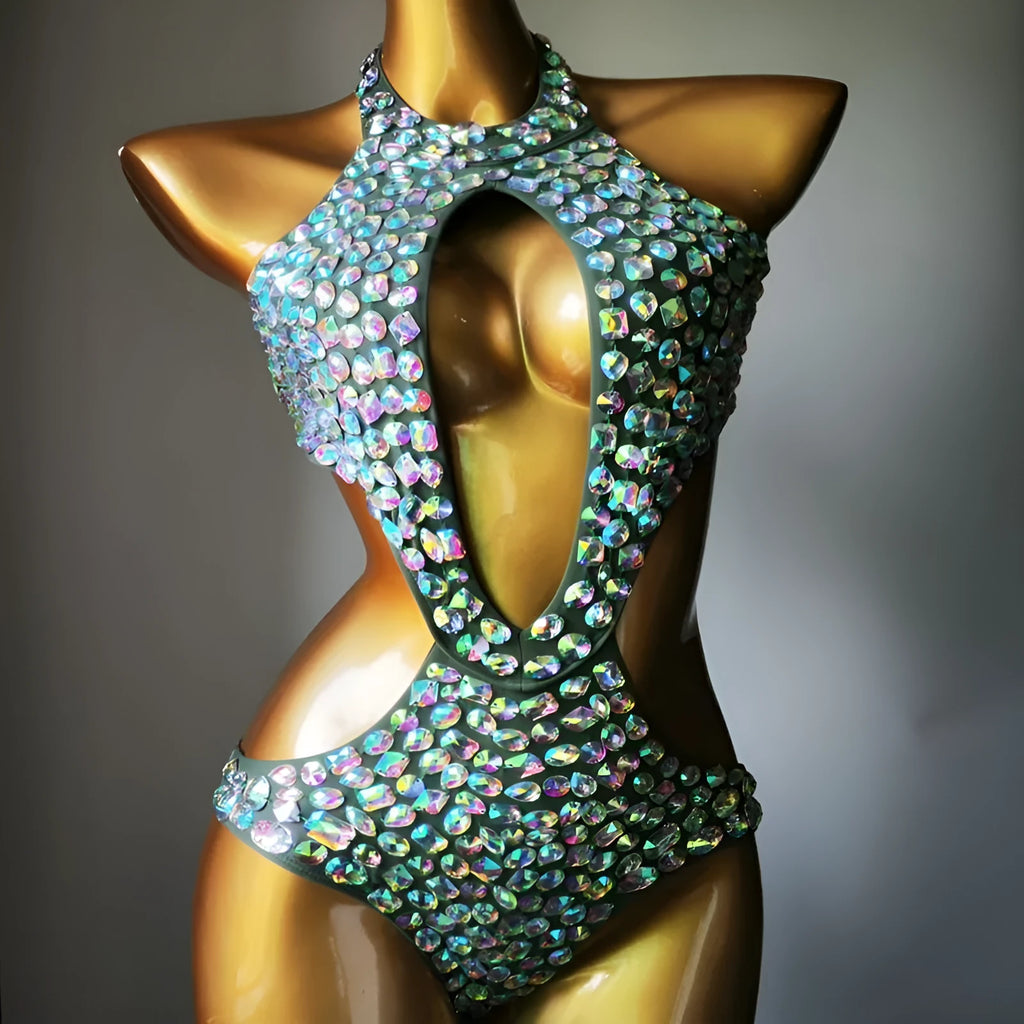 Women's one-piece mesh diamond swimsuit bikini in black, light green, army green or brown colours