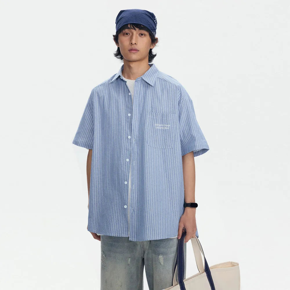 Blue striped overalls short-sleeved shirt for men and women cotton blend cardigan style loose fit