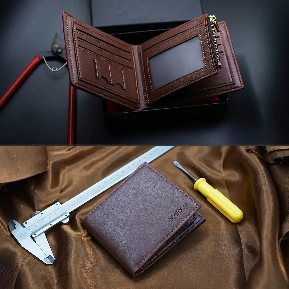 Men's brown leather zip-around wallet with seven compartments measuring 7 cm