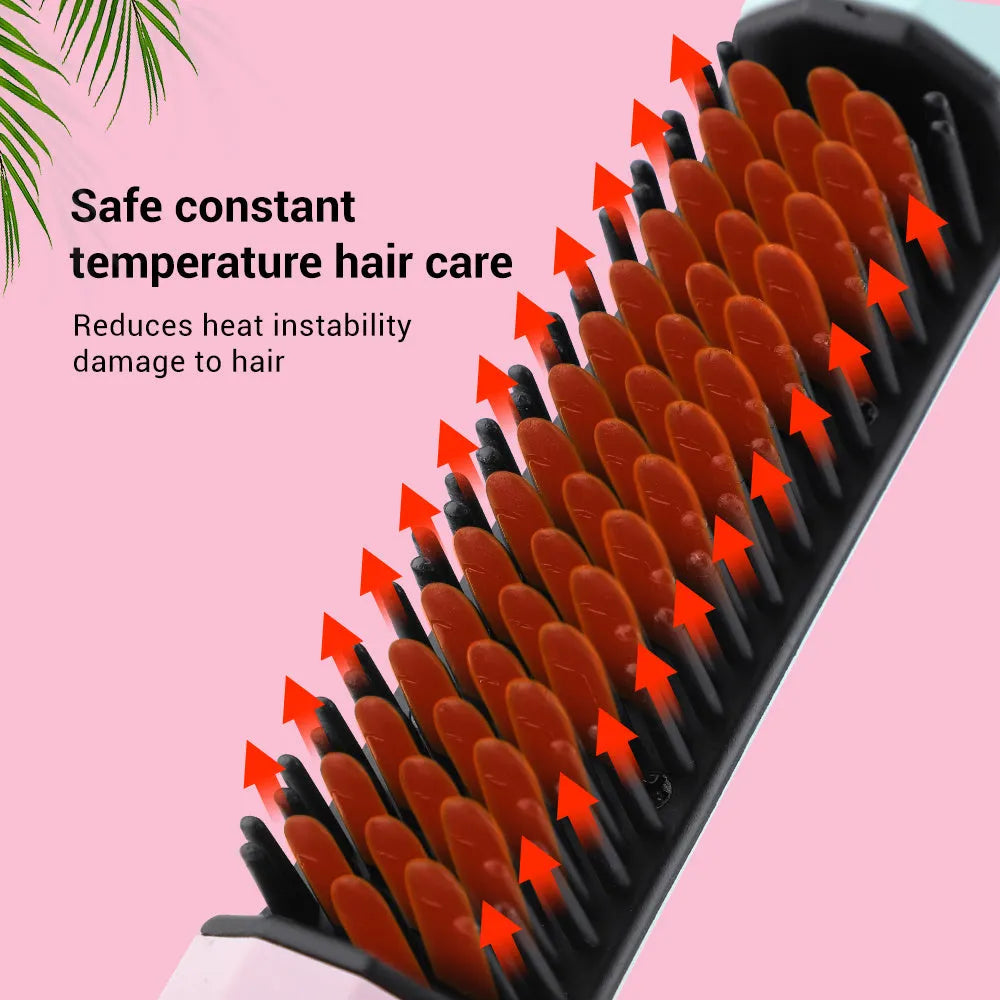Cordless straightening comb in pink with USB charging cable, compact 23 cm size, 4000mAh battery, anti-scalding design
