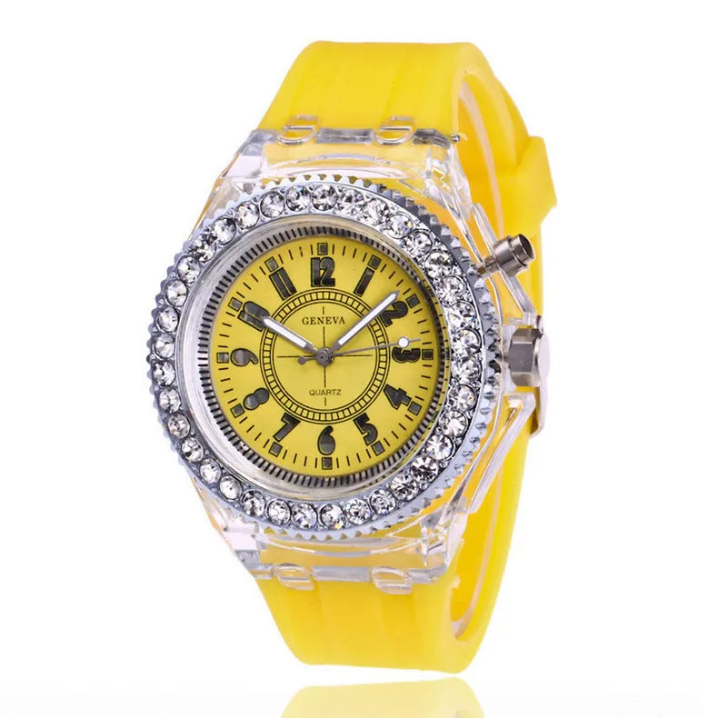 Women's LED luminous quartz watch with round dial and silicone strap in multiple colour options