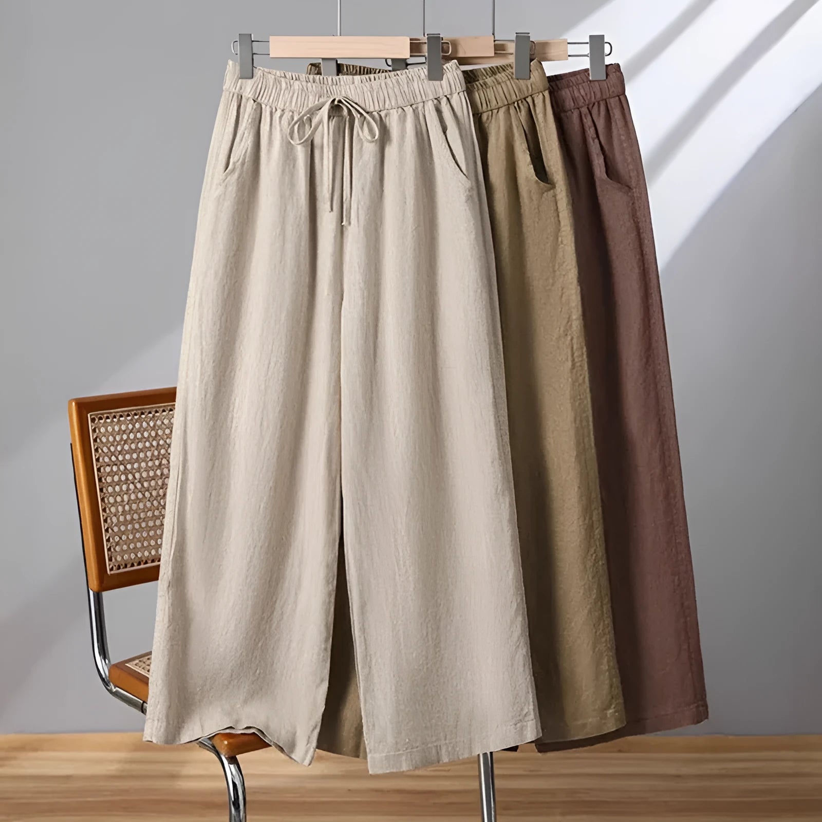 Women's straight-leg casual trousers with elastic waist and front drawstring tie in four colour options