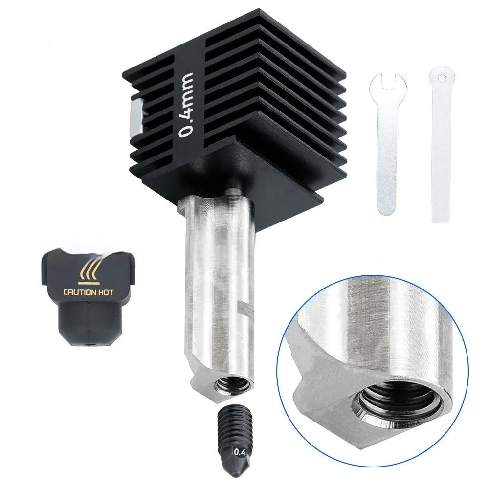 Bambu Lab A1 Mini hardened steel hot end assembly with four nozzle sizes and black silicone sleeve