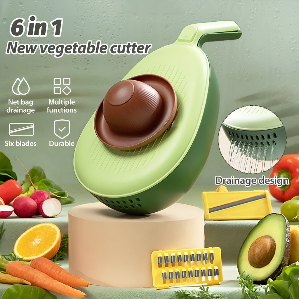 Vegetable grater slicer with six sabres and bottom storage box in avocado green colour on a kitchen counter