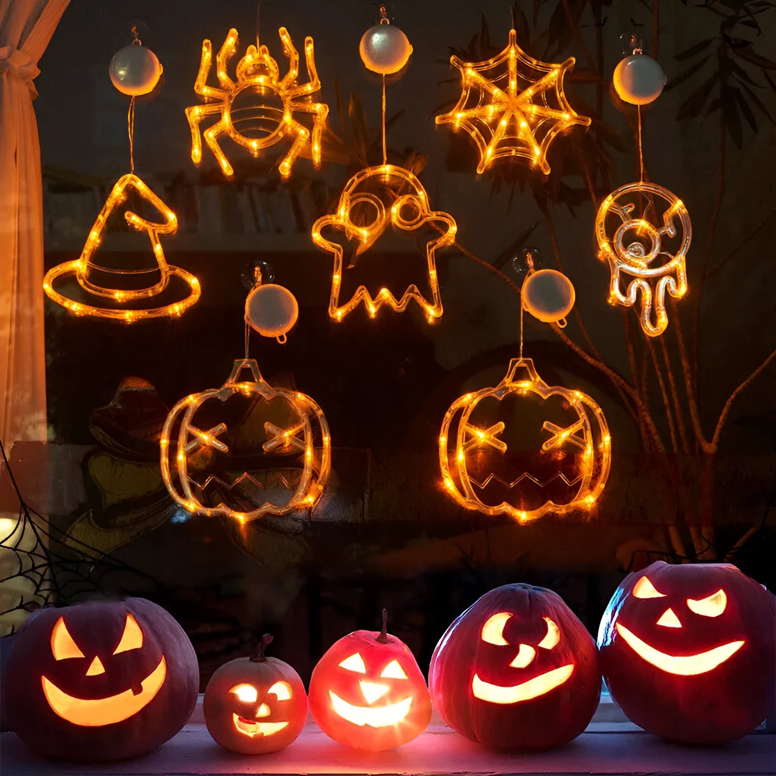 Set of seven Halloween LED hanging lights with spider, pumpkin, and ghost designs for window decoration