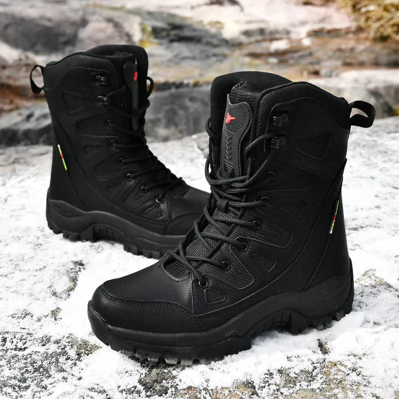 Men's beige cowhide hi-top hiking shoes on a rocky outdoor trail.
