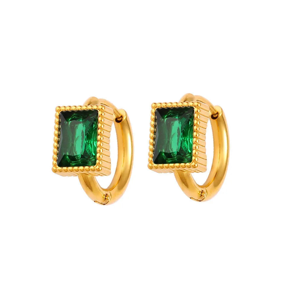 Square zircon stainless steel earrings with geometric design and round ring elements in white, black, or green colours