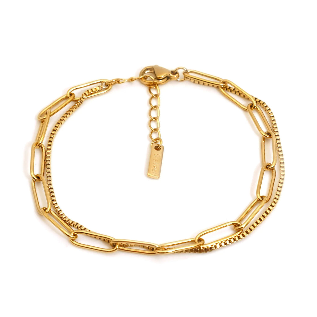 Double layer geometric stainless steel bracelet with linear elements in gold or silver electroplated finish