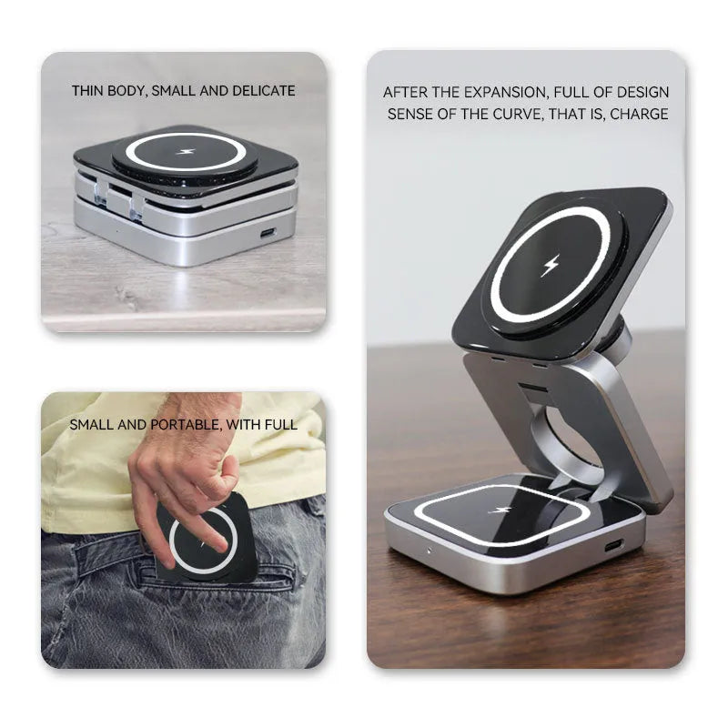 Three-in-one foldable desktop wireless charging bracket for Apple, Samsung, and Google Pixel Watch with magnetic induction ring