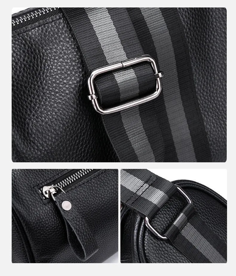 Black genuine leather crossbody bag with one shoulder strap showing interior polyester lining