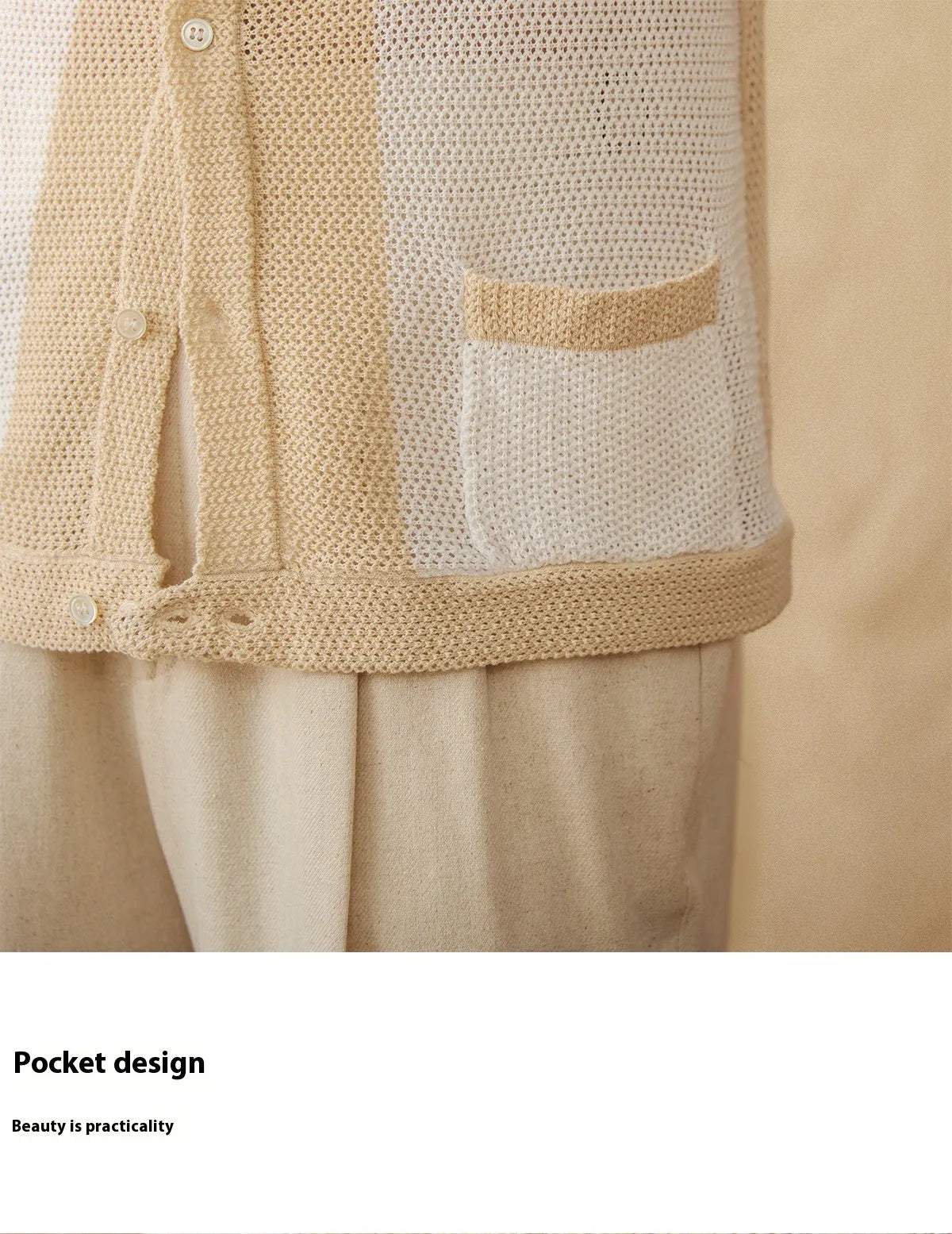 Hollow cotton and linen lapel short-sleeved cardigan knitted top in beige on a model