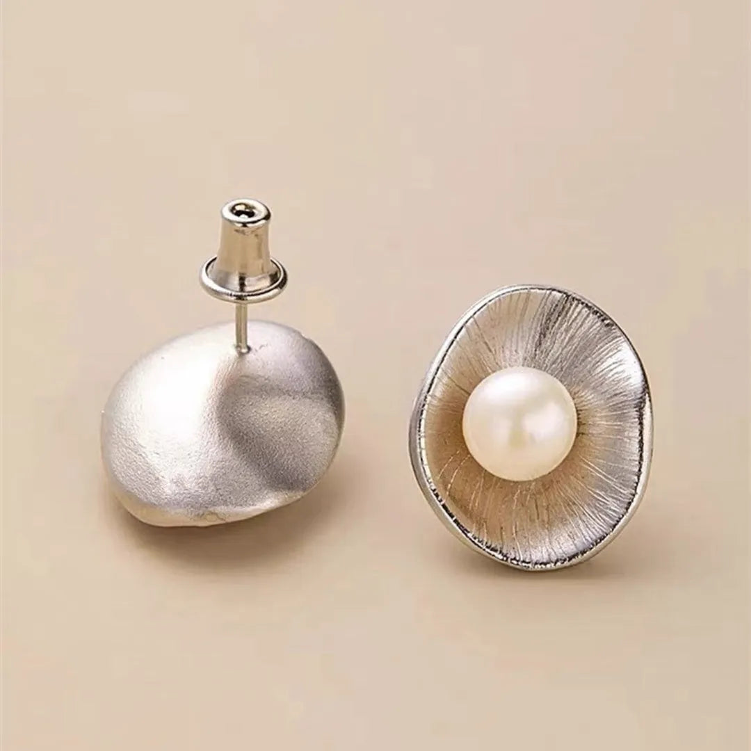 Gold geometric pearl sterling silver needle earrings with butterfly clutch fastenings