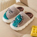 Cotton plush indoor slippers with dinosaur print designs in coffee, grey, and orange-yellow colour options