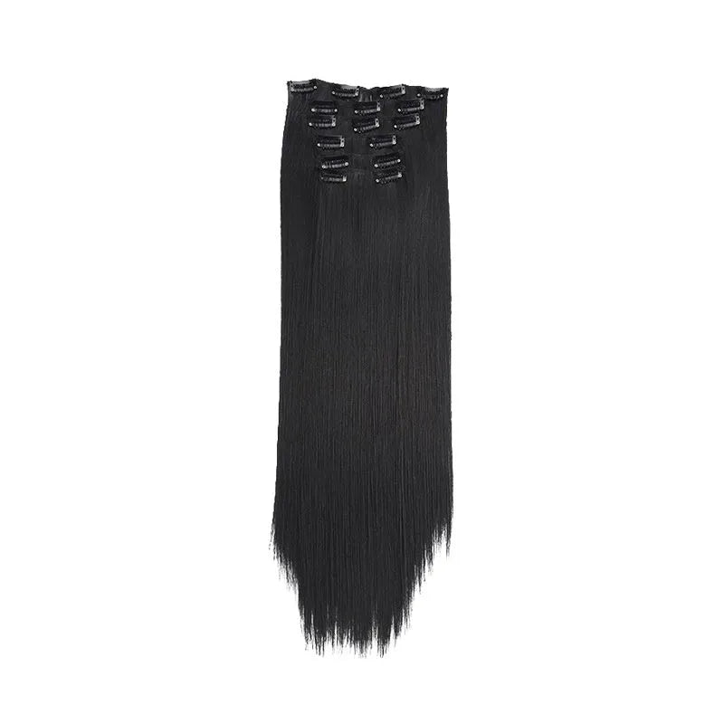 Long straight high temperature fibre wig extensions 6-piece set 60cm length colour 1B