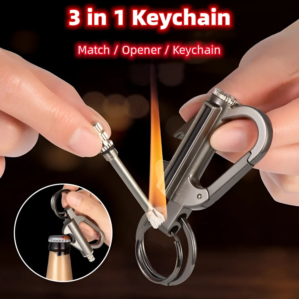 Creative metal keychain lighter with flint strike, bottle opener, and key ring in black nickel finish