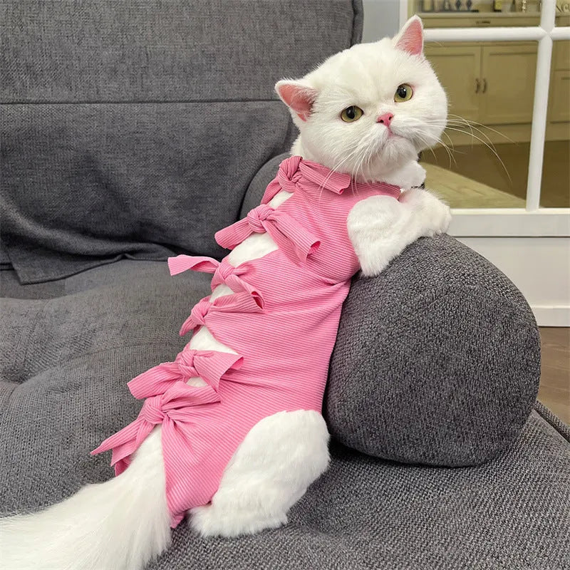 Lace-up polyester cat recovery suit for post-sterilisation surgery in blue colour, size large.