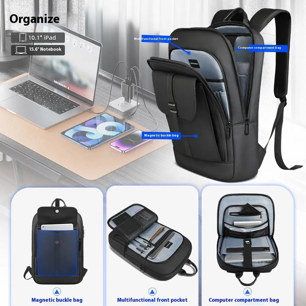 Black lightweight Oxford cloth backpack with urban simple style and polyester lining.